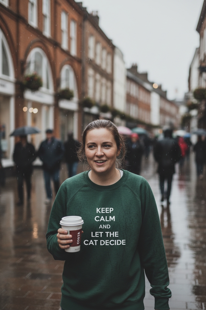 Dark green sweatshirt with 'KEEP CALM AND LET THE CAT DECIDE' quote text on the chest