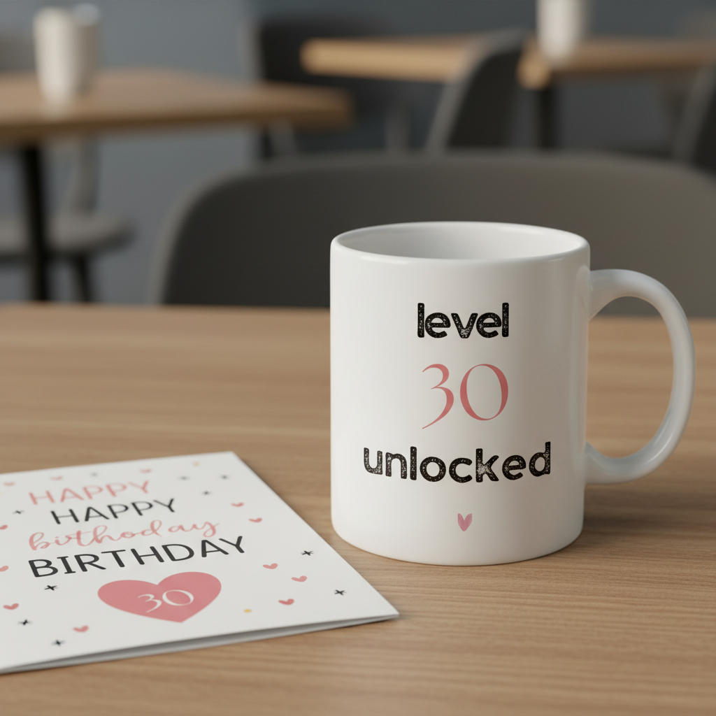 White ceramic mug on table with "level 30 unlocked" text and small heart