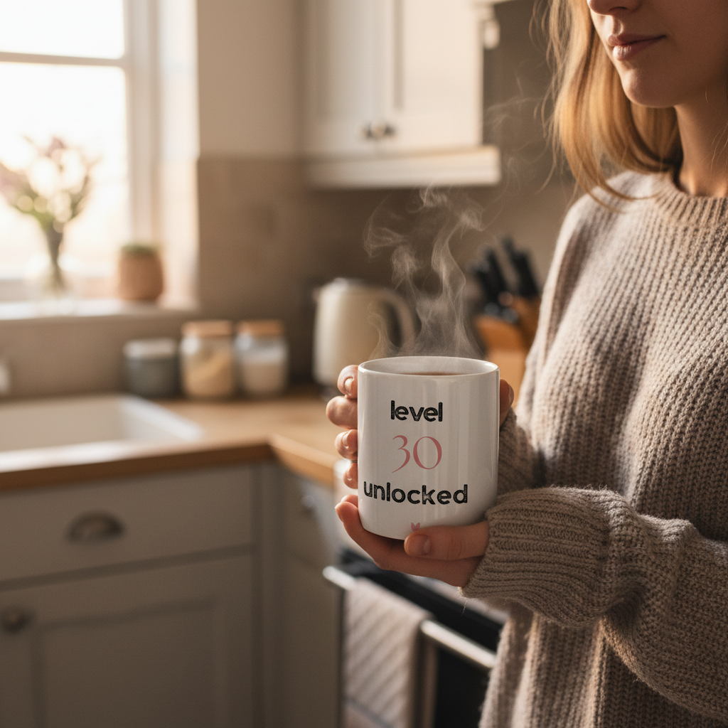 Ceramic mug in hand with "level 30 unlocked" print on white