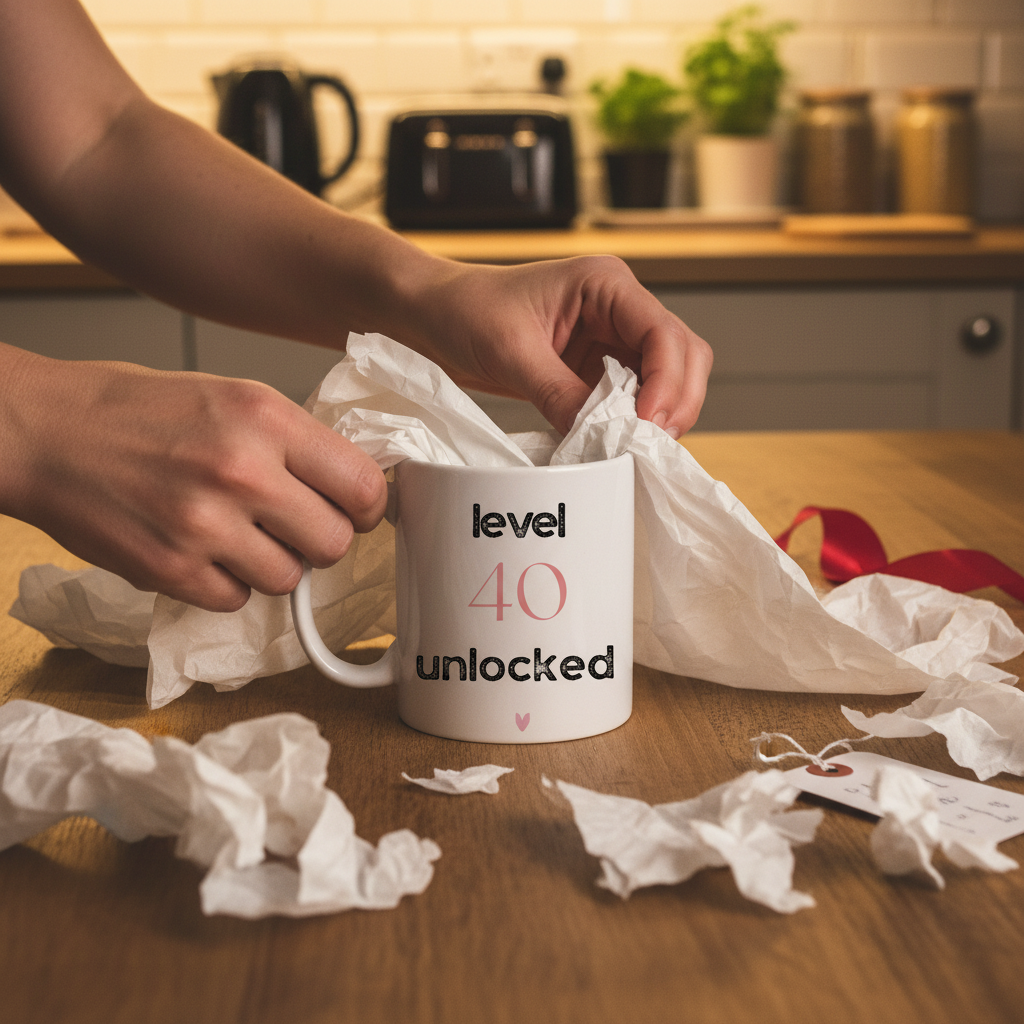 Ceramic mug with "level 40 unlocked" print, white body and curved handle