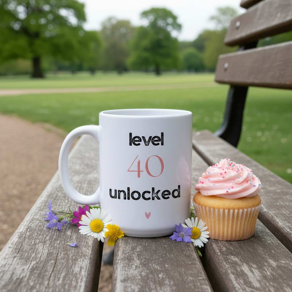 White ceramic mug on bench with "level 40 unlocked" text and small heart