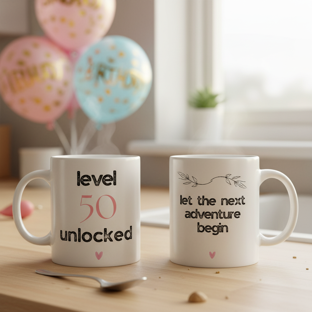 Two white ceramic mugs: "level 50 unlocked" and "let the next adventure begin"