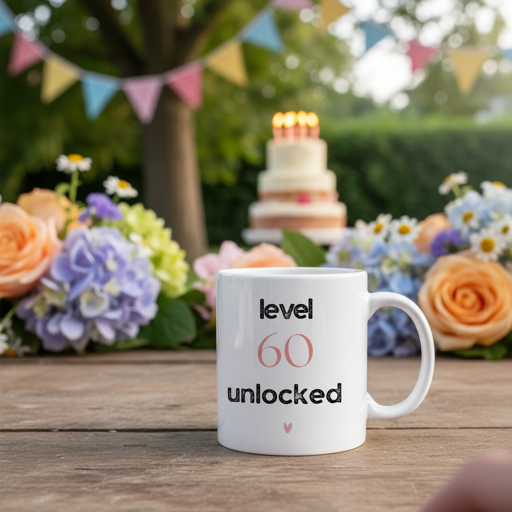 White ceramic mug outdoors with "level 60 unlocked" and small heart