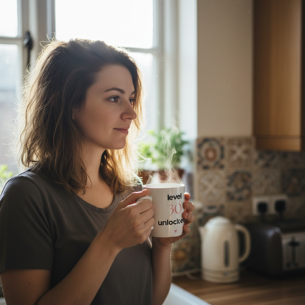 White ceramic mug in hand with "level 30 unlocked" text and heart
