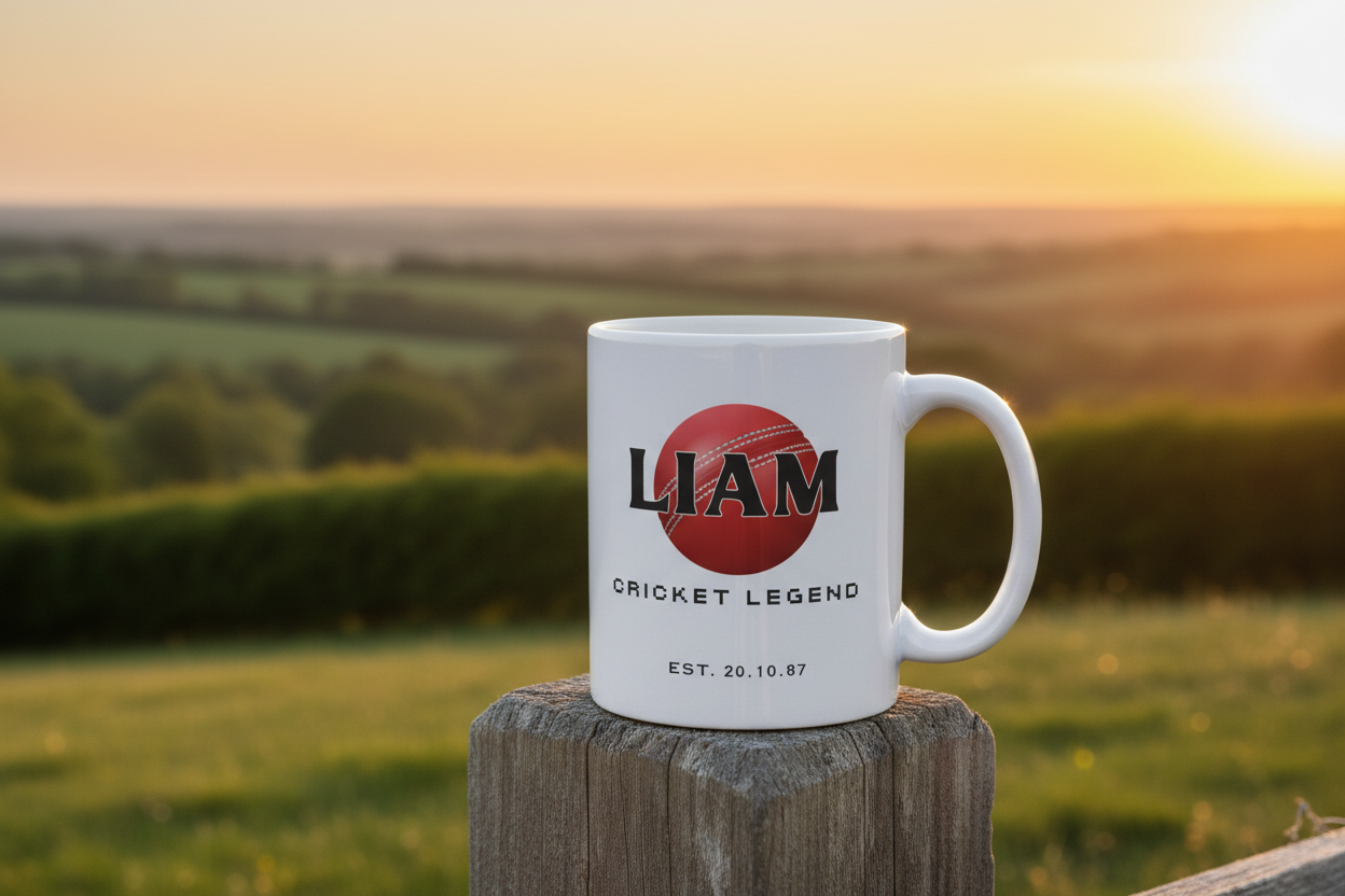 White ceramic mug with “LIAM” name print and “Cricket Legend” text, on stump