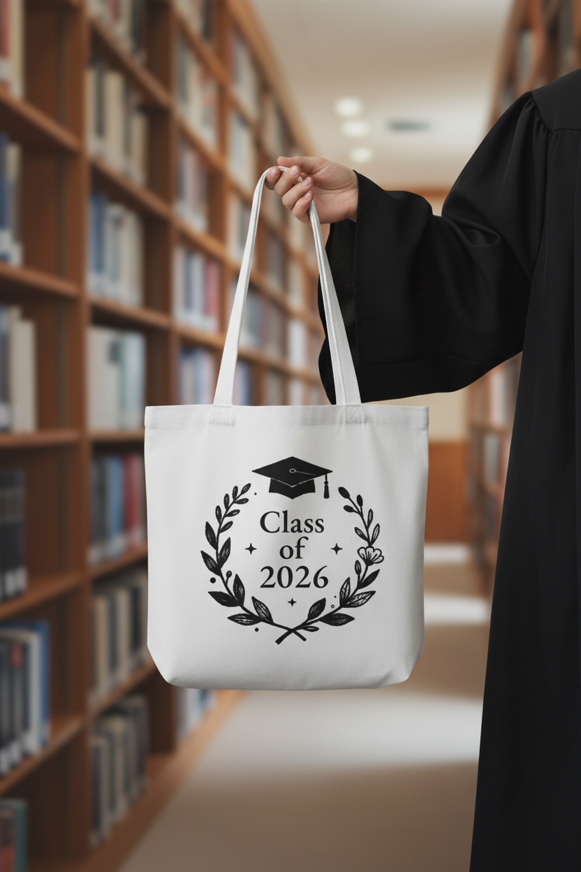 White graduation tote bag held by handles with 'Class of 2026' print
