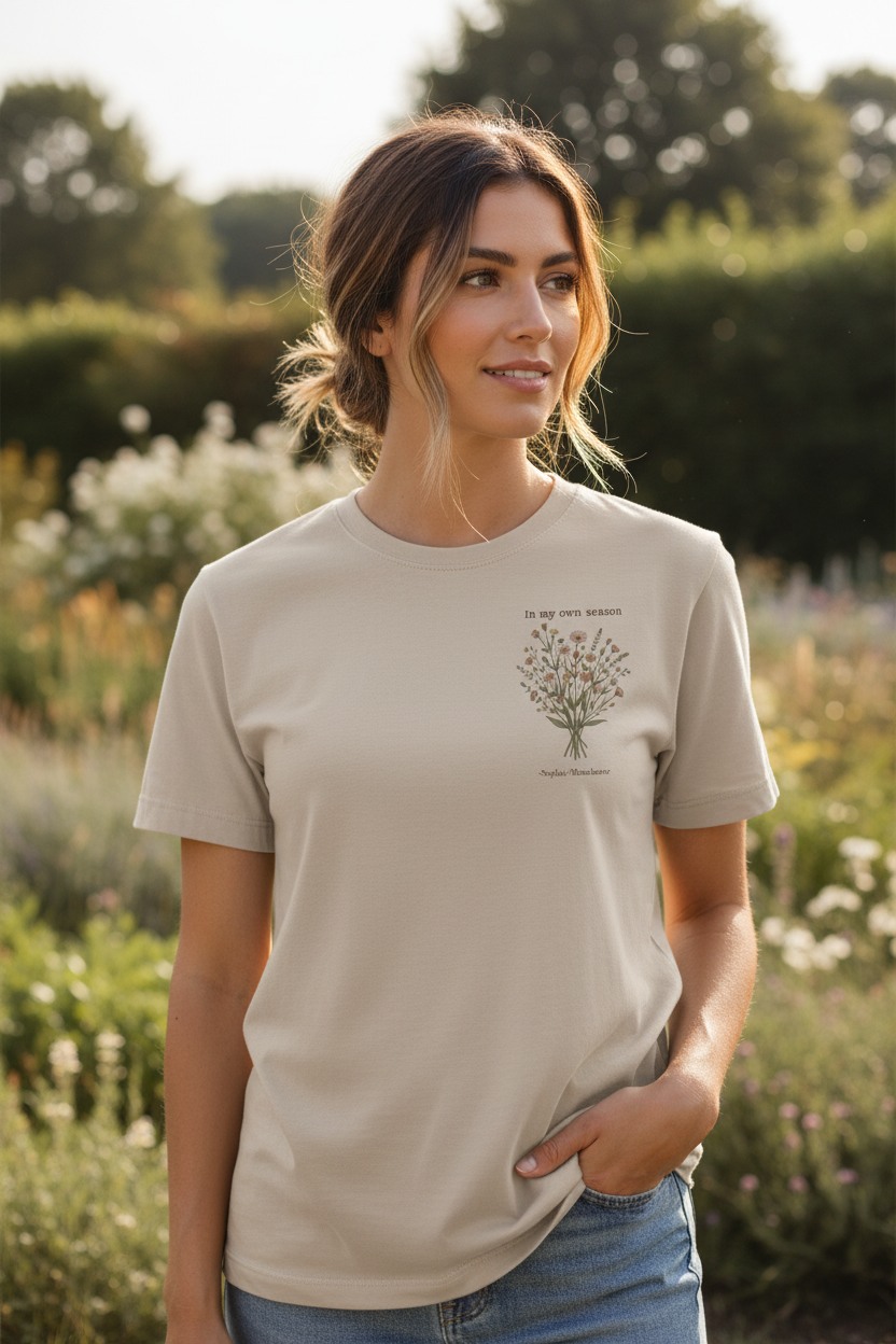 Personalised white t-shirt with small floral tree graphic and "In my own season" text