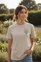 Personalised white t-shirt with small floral tree graphic and "In my own season" text