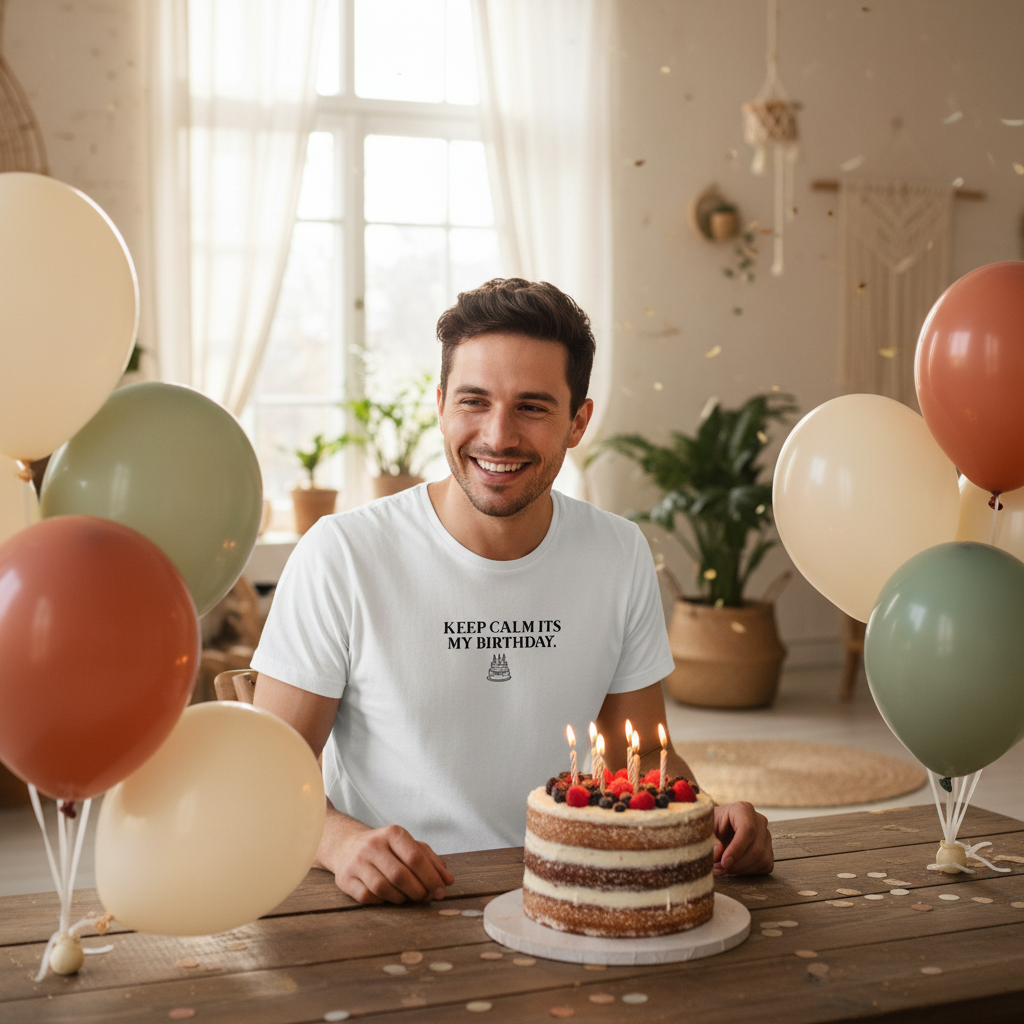 White crew-neck T-shirt on person with front graphic text "Keep Calm Its My Birthday"