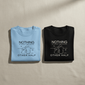 Personalized T-shirts, light blue and black, 'Nothing stands between' 'Other half' graphic on chest