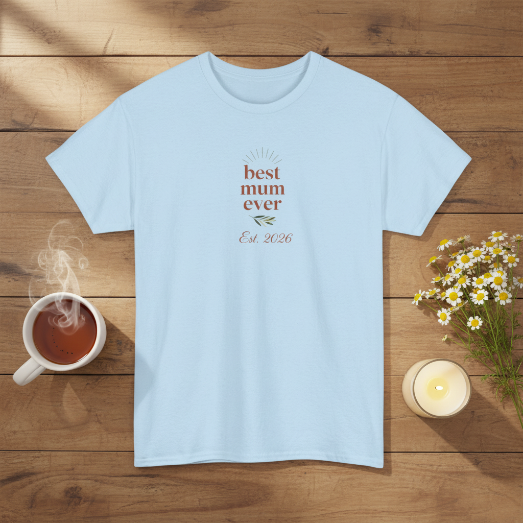 Light blue personalised T-shirt with 'best mum ever' print and Est. 2026