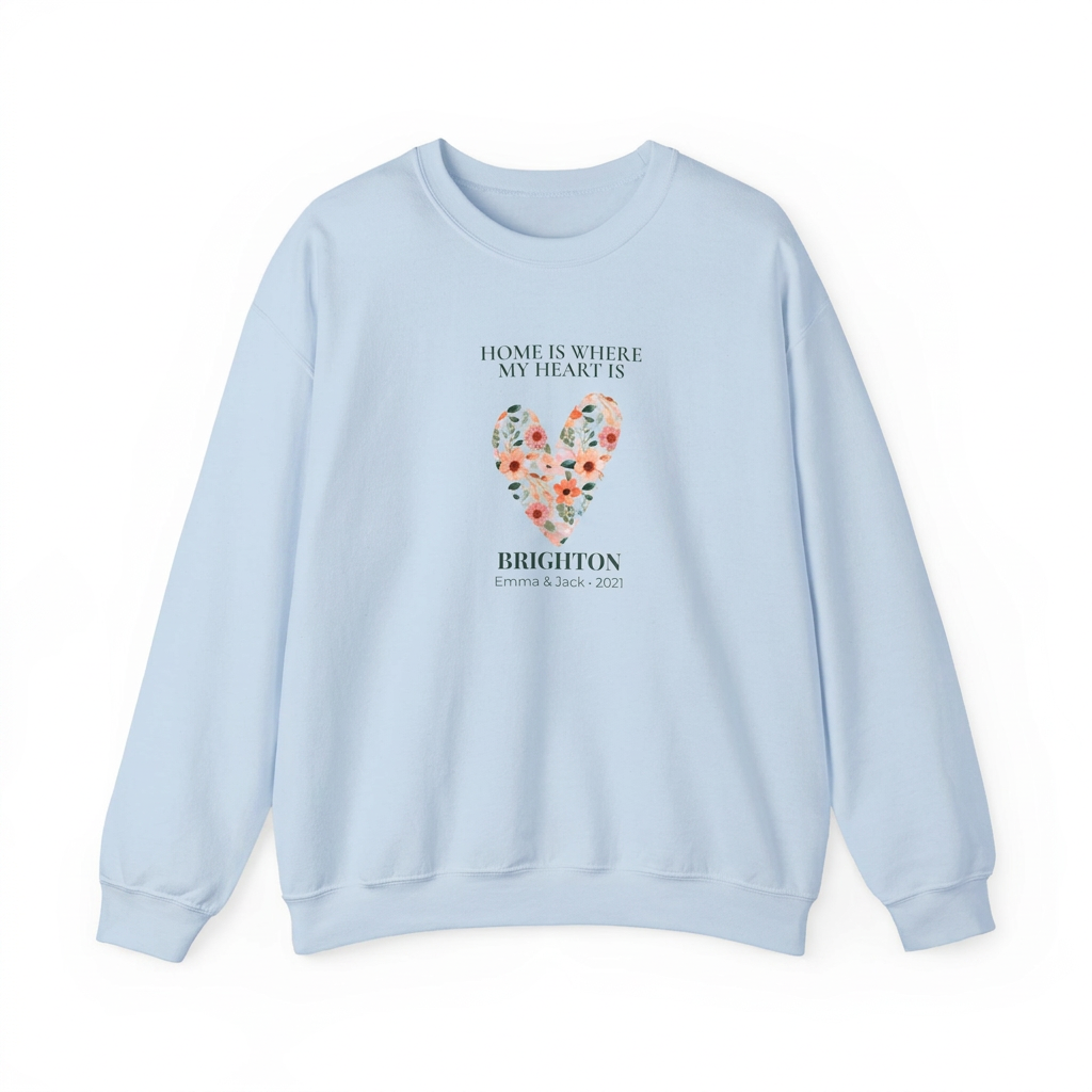 Light blue crewneck sweatshirt with floral heart graphic and Brighton text