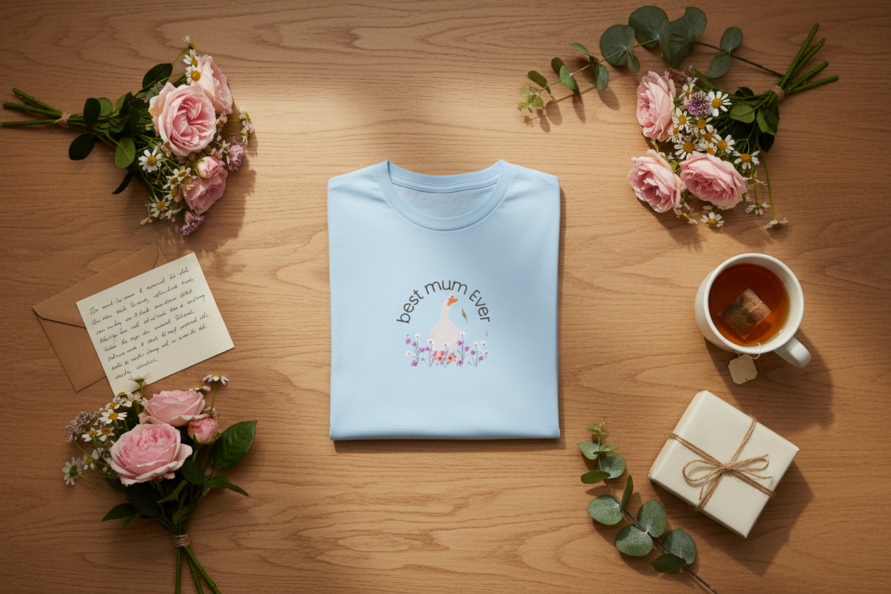 Light blue duck t-shirt flat lay with Mother's Day styling