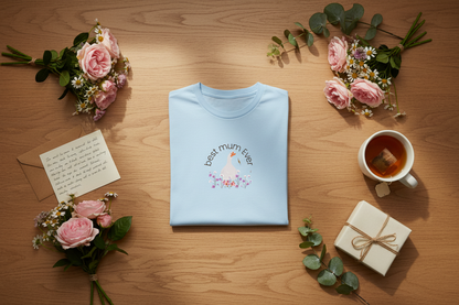 Light blue duck t-shirt flat lay with Mother's Day styling