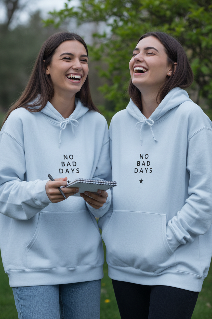 Light blue hooded sweatshirt with drawstring hood and front pocket