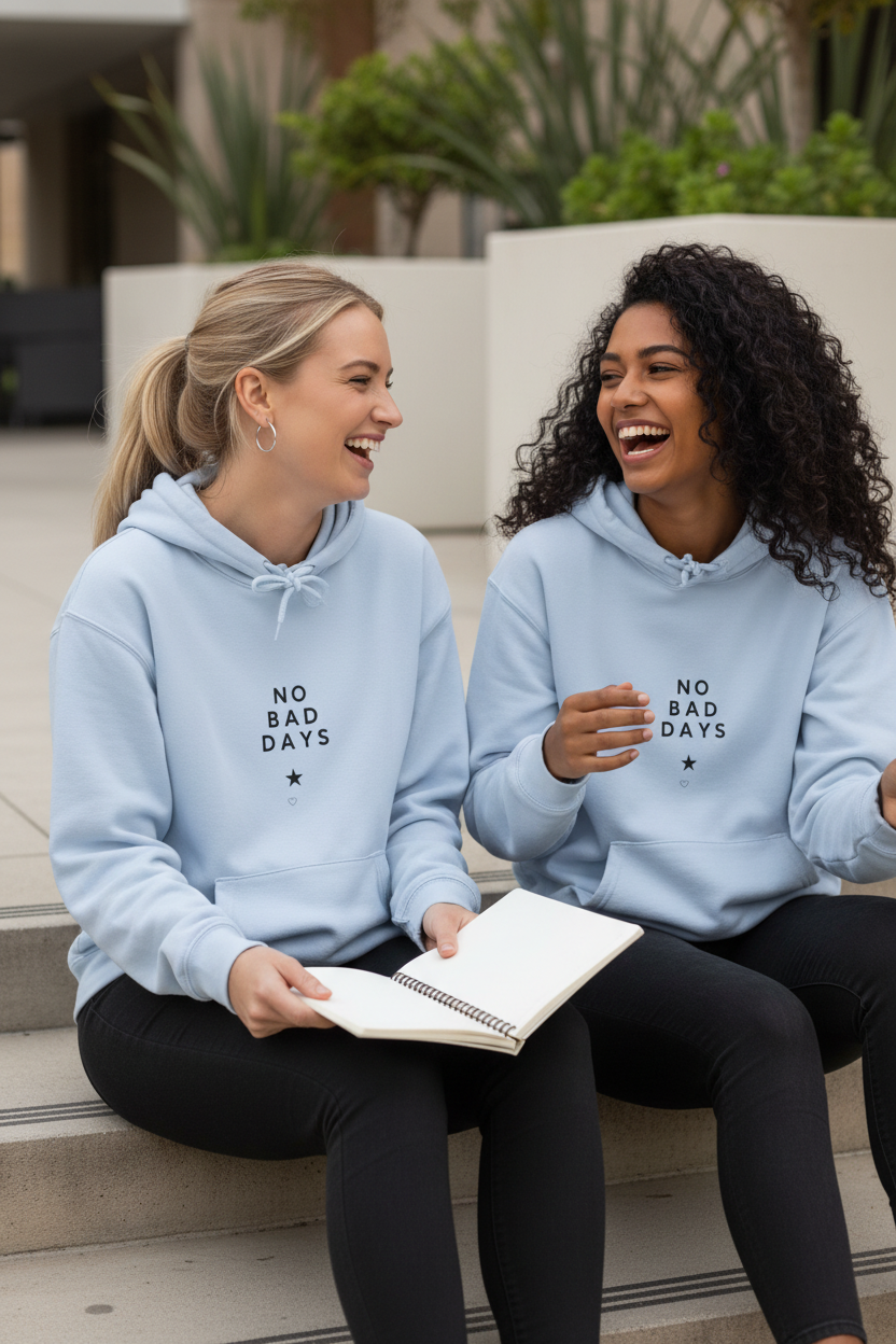 Light blue hooded sweatshirt with drawstring hood and printed chest graphic