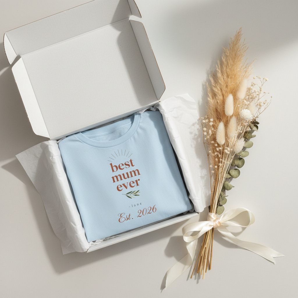 Light blue personalised T-shirt with 'best mum ever' crest and Est. 2026 on chest