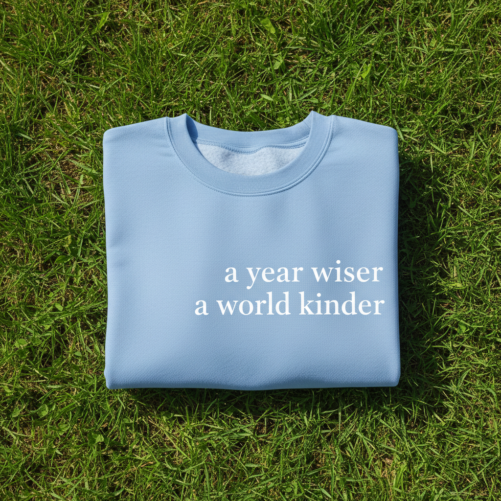 Light blue sweatshirt with “a year wiser, a world kinder.” front lettering.