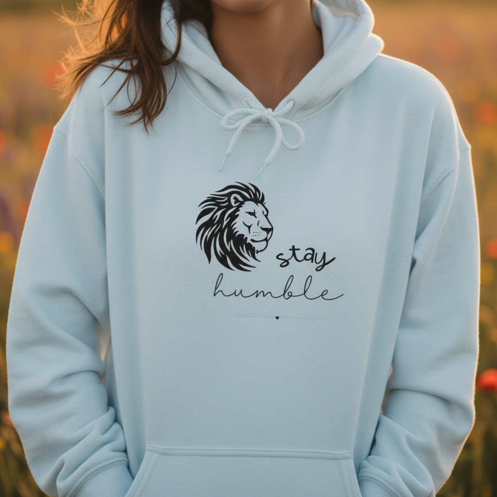 Light blue lion graphic hoodie with lace-up drawstrings and kangaroo pocket