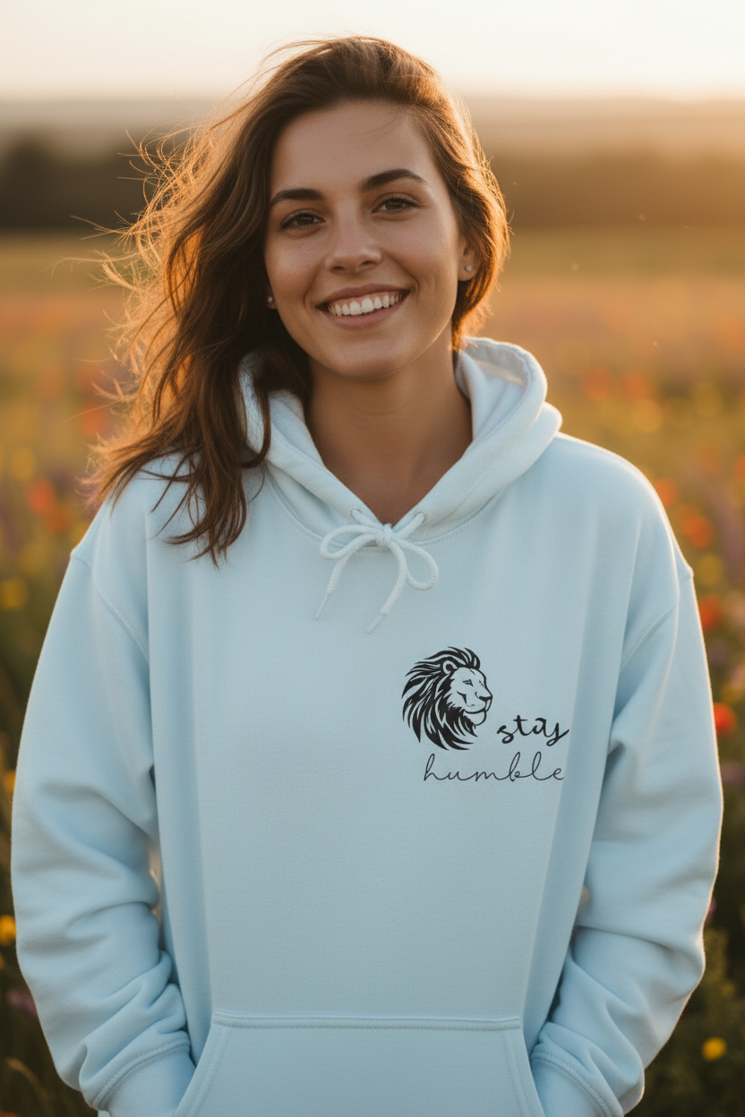 Light blue lion graphic hoodie with drawstring hood and front pouch pocket