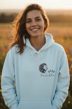Light blue lion graphic hoodie with drawstring hood and front pouch pocket