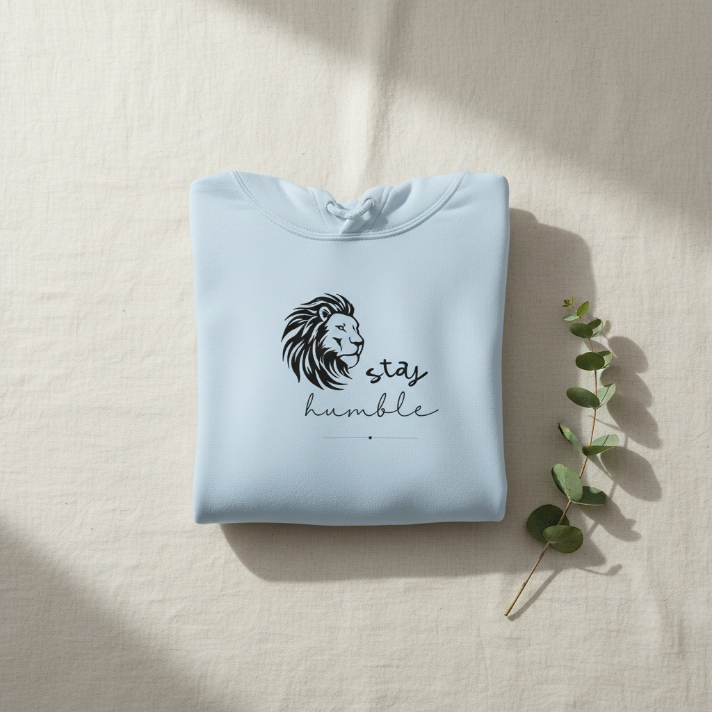 Light blue folded lion graphic hoodie with drawstring hood and kangaroo pocket