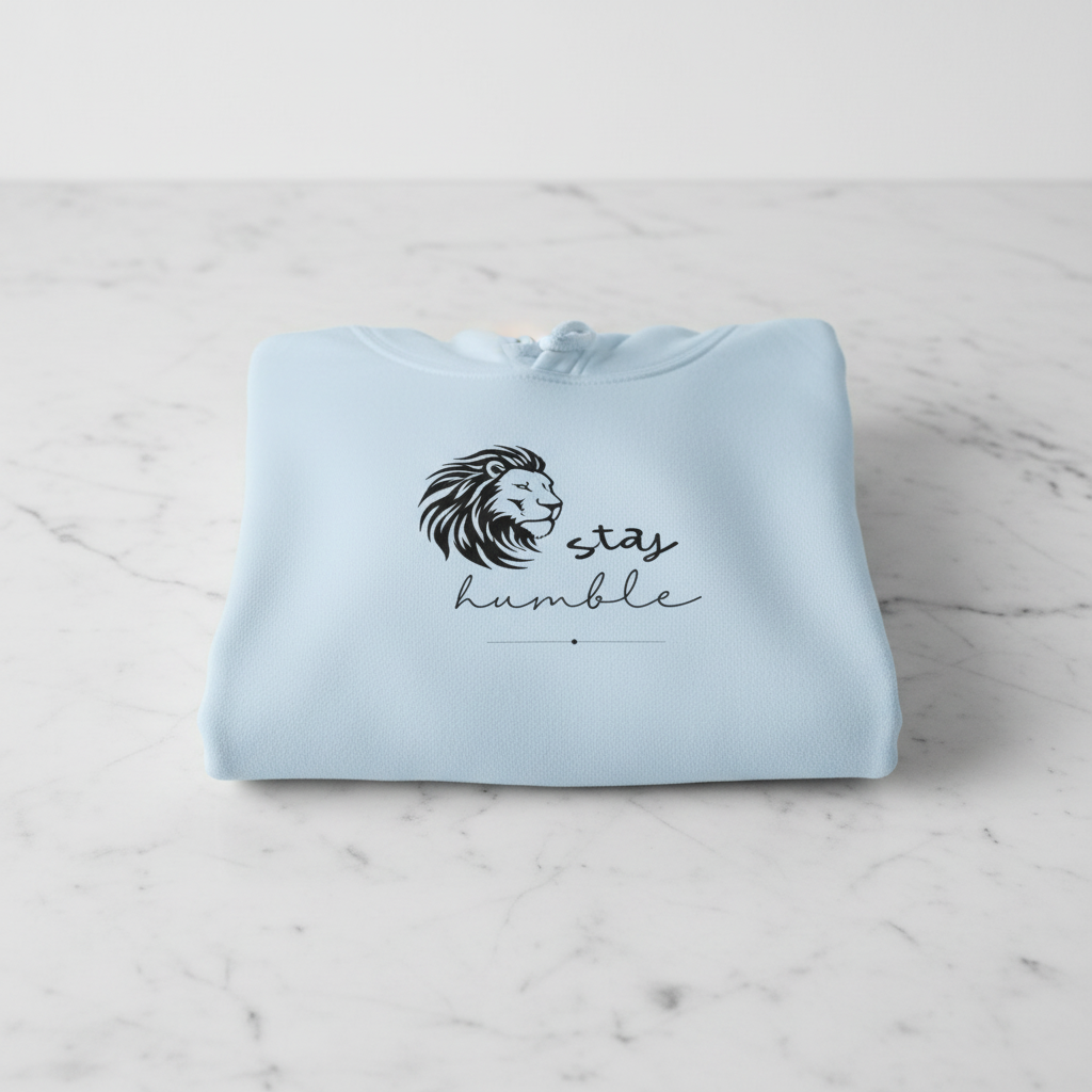 Light blue folded lion graphic hoodie with hood opening and centered front print