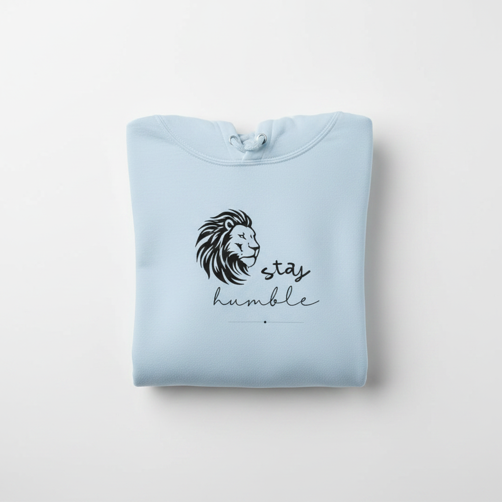 Light blue folded lion graphic hoodie with front hood and drawstring