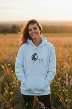 Light blue lion graphic hoodie with front pouch pocket and drawstring hood