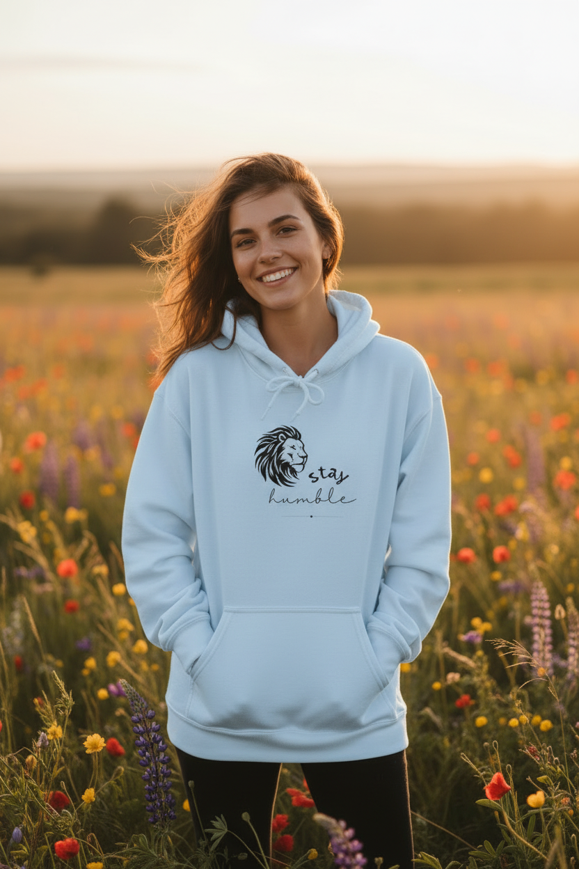 Light blue lion graphic hoodie with front pouch pocket and drawstring hood