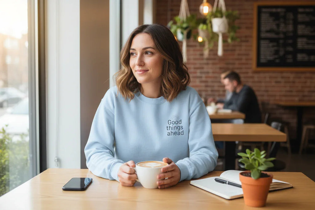 Light blue crewneck sweatshirt with "Good things ahead" chest print