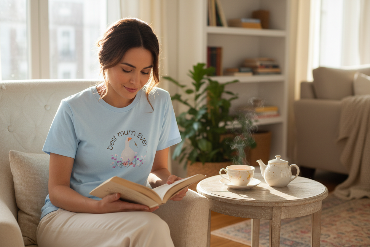 Light blue t-shirt cozy reading moment