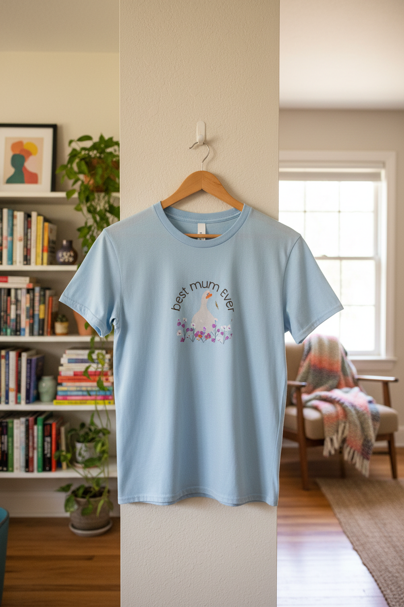 Light blue t-shirt on hanger with cozy home backdrop