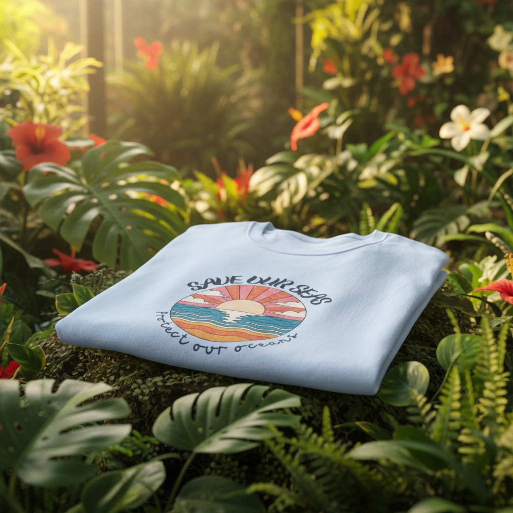 Light blue graphic T-shirt with circular ocean sunset logo centered on chest