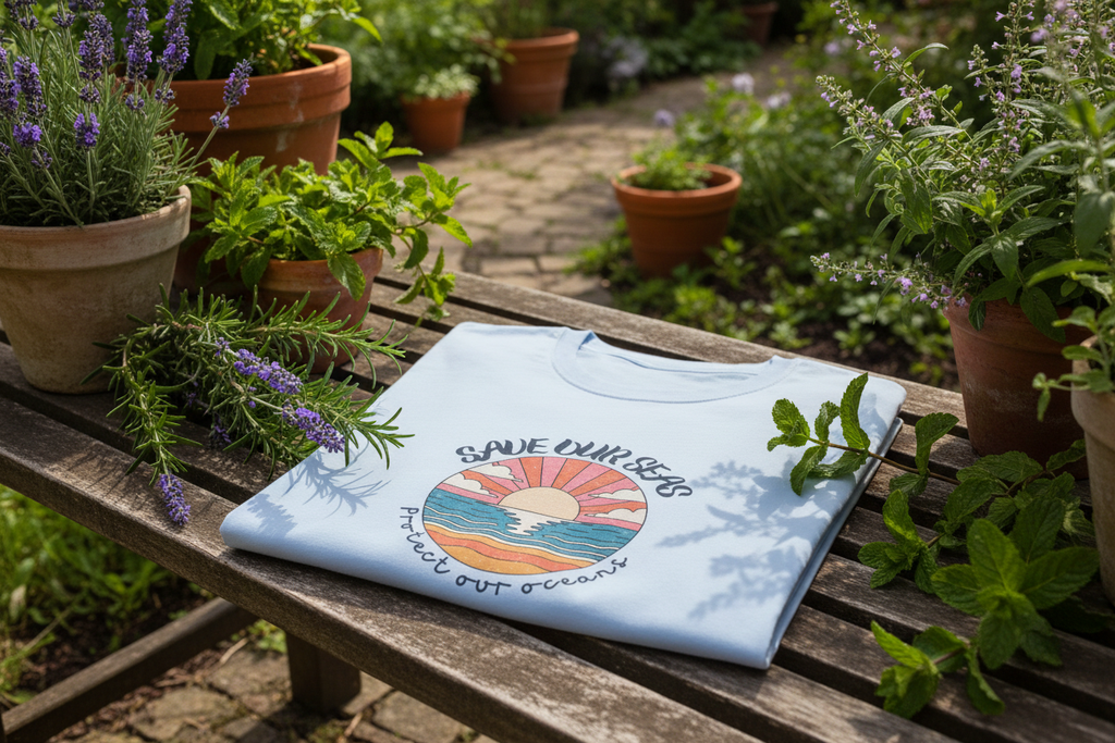 Light blue graphic T-shirt with retro ocean sunset circle graphic on the chest