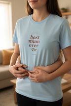 Light blue T-shirt with gold "best mum ever" and name "Jane" print