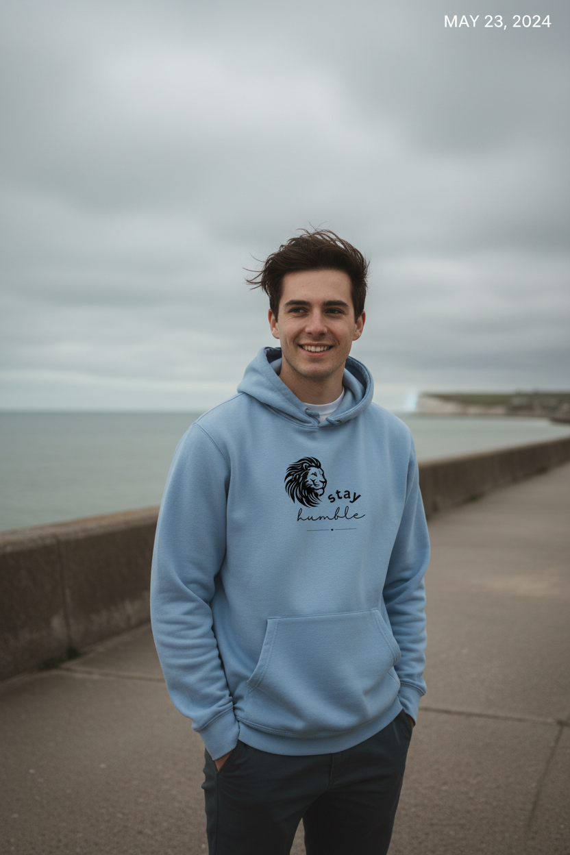 Light blue unisex hoodie with lion head and “stay humble” chest graphic