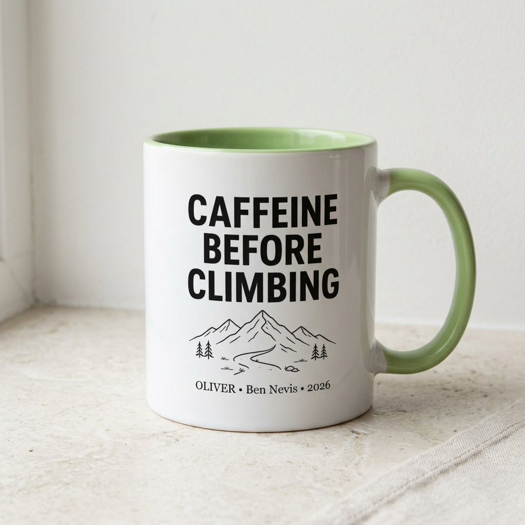 Light green climbing mug, minimal UGC mockup