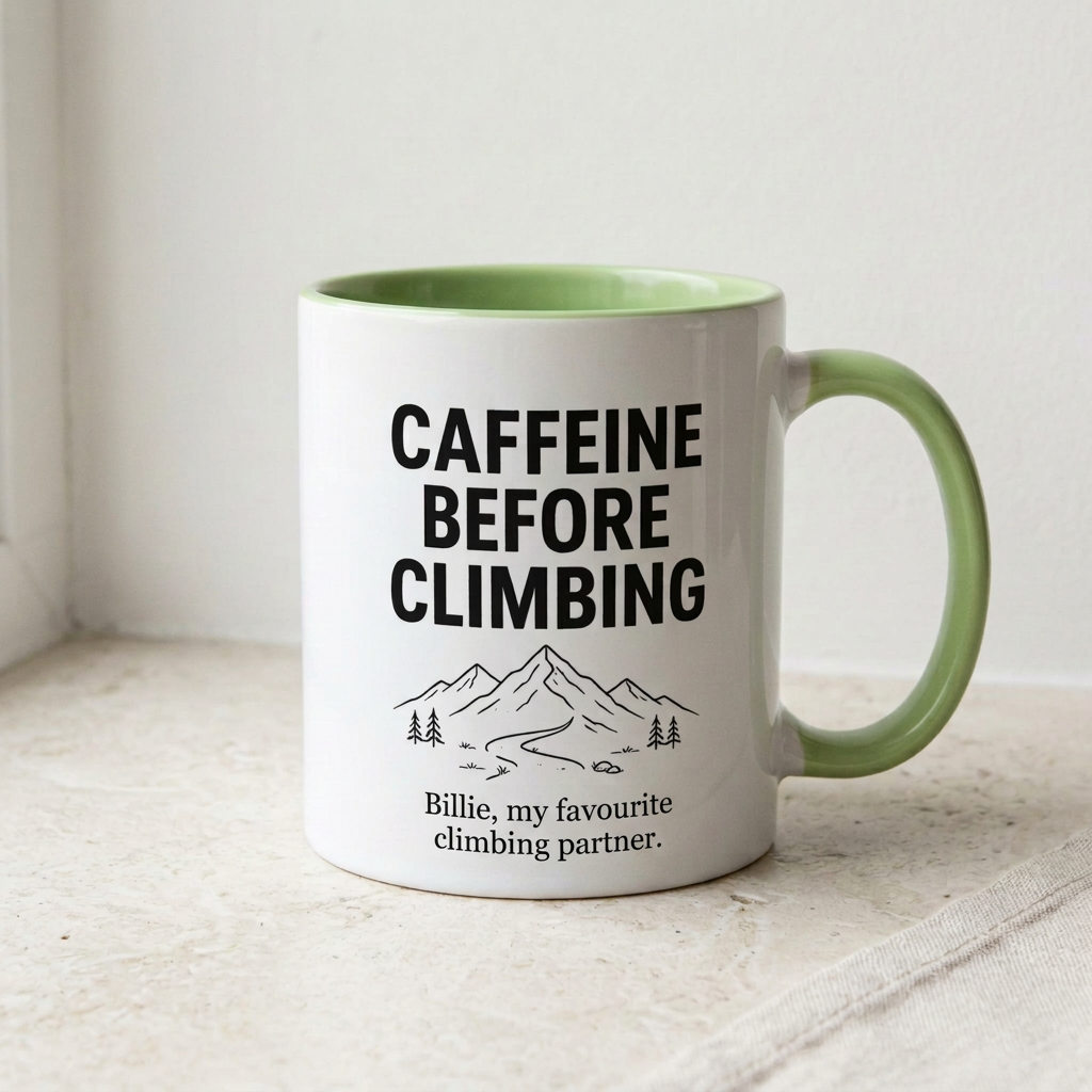 Light green climbing mug with personalised Billie wording on a minimal windowsill