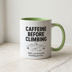 Light green climbing mug with personalised Billie wording on a minimal windowsill
