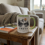 Light green mountain mug personalised for Freya