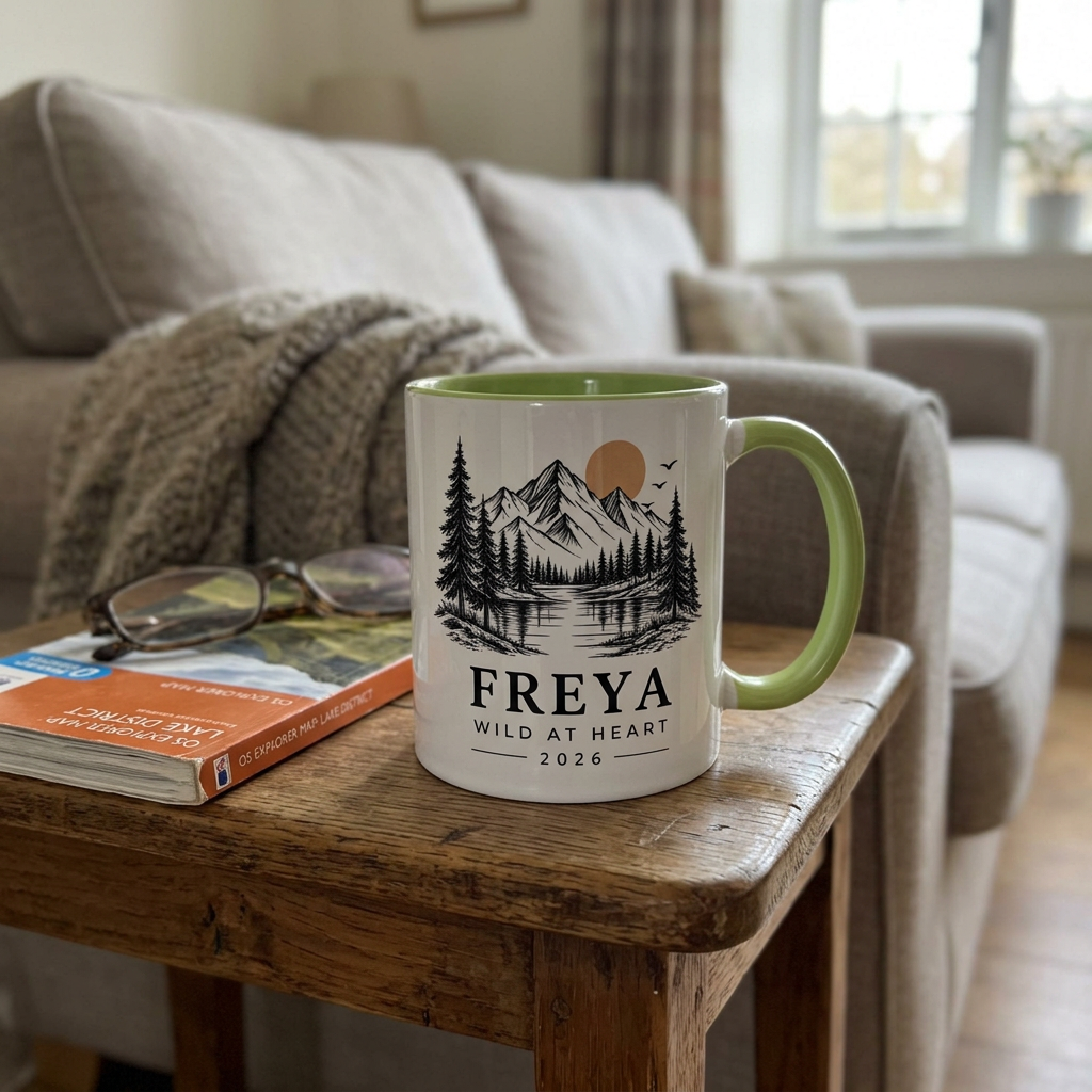Light green mountain mug personalised for Freya