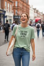 Light green crew-neck T-shirt with "I GOT THIS FROM MY KIDS" text, worn outdoors