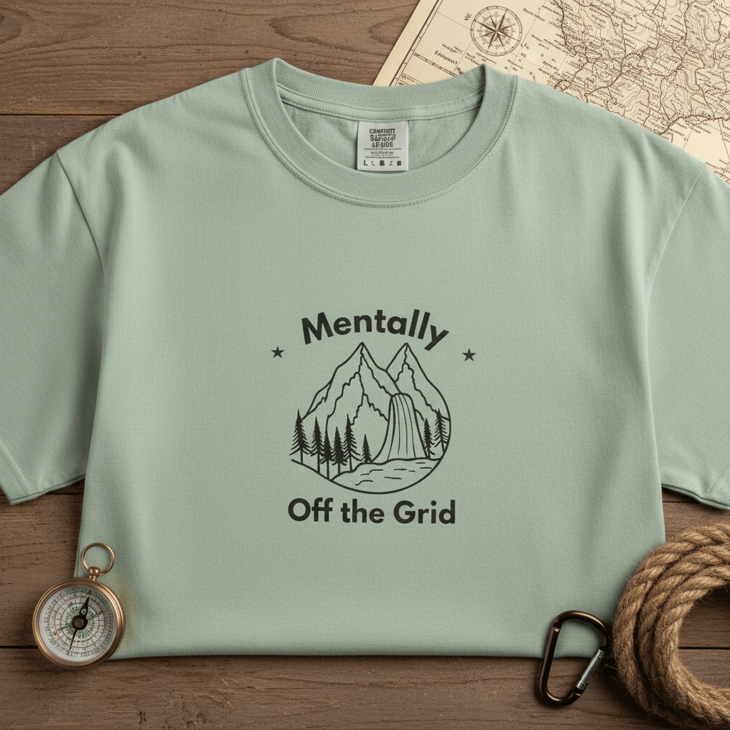 Light green custom T-shirt with mountain graphic and text "Mentally" and "Off the Grid"