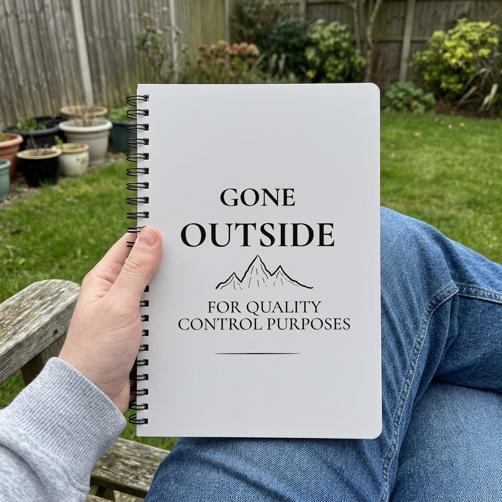 Light grey Gone Outside notebook held on a garden bench