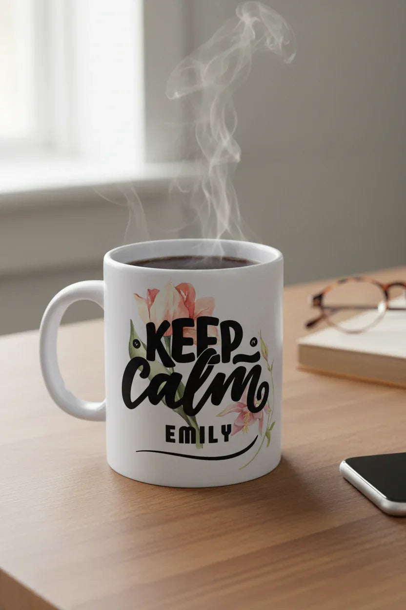 White ceramic mug with Keep Calm floral design and name "EMILY" on front.