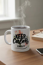 White ceramic mug with Keep Calm floral design and name "EMILY" on front.
