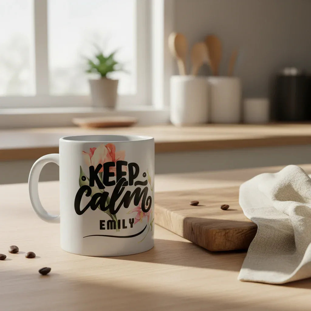 White ceramic mug with Keep Calm floral design and name "EMILY" on front.