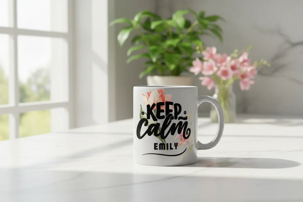 White ceramic mug with Keep Calm floral design and name "EMILY" centered.