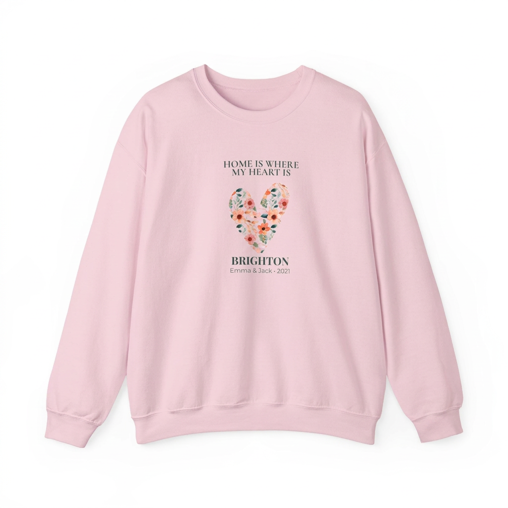 Light pink crewneck sweatshirt with floral heart graphic and Brighton text